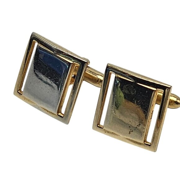 Vintage Swank Gold Silver Square Cufflinks Mid Century - Picture 1 of 5